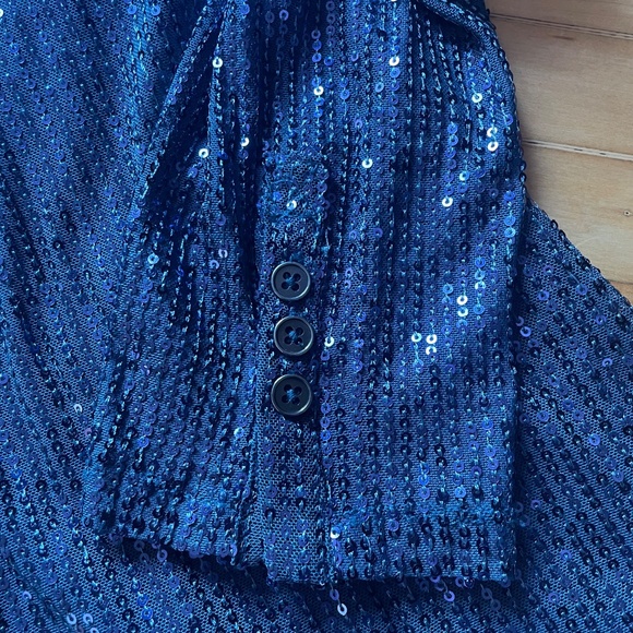 FREE PEOPLE Sequin Shirtee Varsity Navy Top Blouse Semi Sheer Boho Revolve - Picture 4 of 15